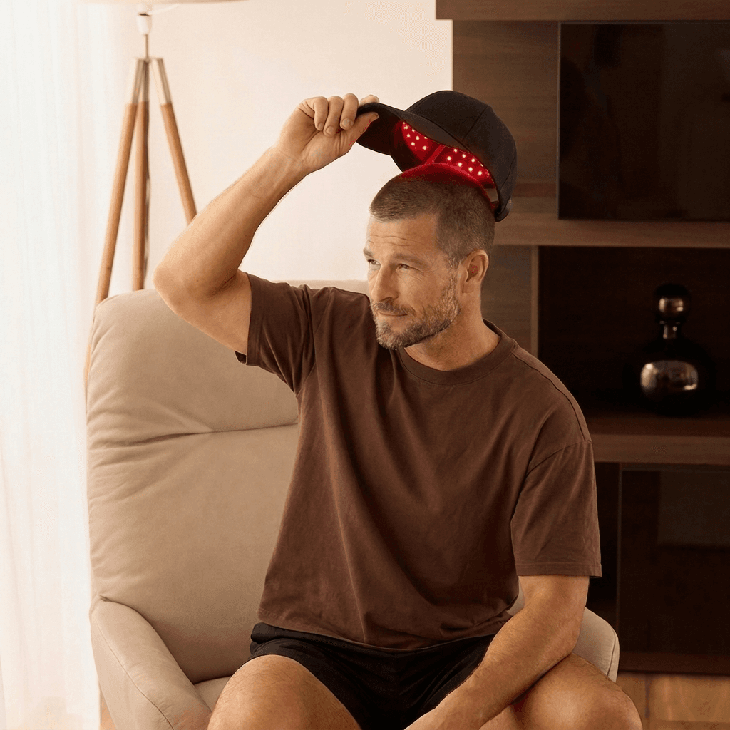 Man lifting the Regrow Light cap, red therapy LEDs glowing inside